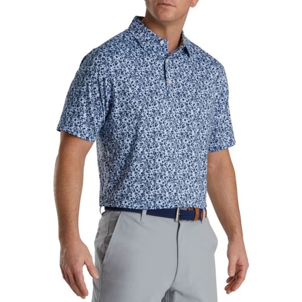 FootJoy Floral Vines Lisle Print Self Collar Golf Polo - Sky/Navy Sz Large